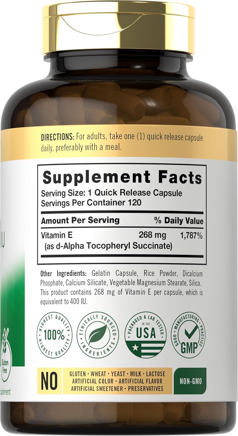 Carlyle Dry Vitamin E Capsules - 400 IU (268mg) High Potency Formula - 120 Count - Non-GMO & Gluten Free
