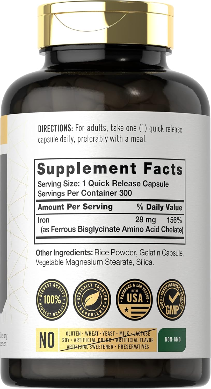 Carlyle Easy Iron Supplement 28mg 300 Capsules Ferrous Bisglycinate Non-GMO Gluten Free Women Men