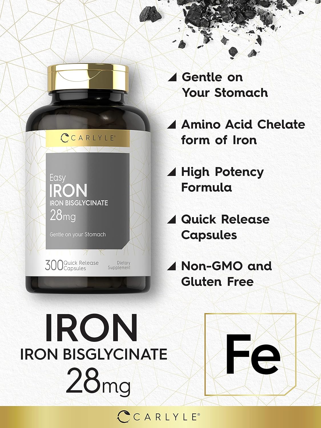 Carlyle Easy Iron Supplement 28mg 300 Capsules Ferrous Bisglycinate Non-GMO Gluten Free Women Men
