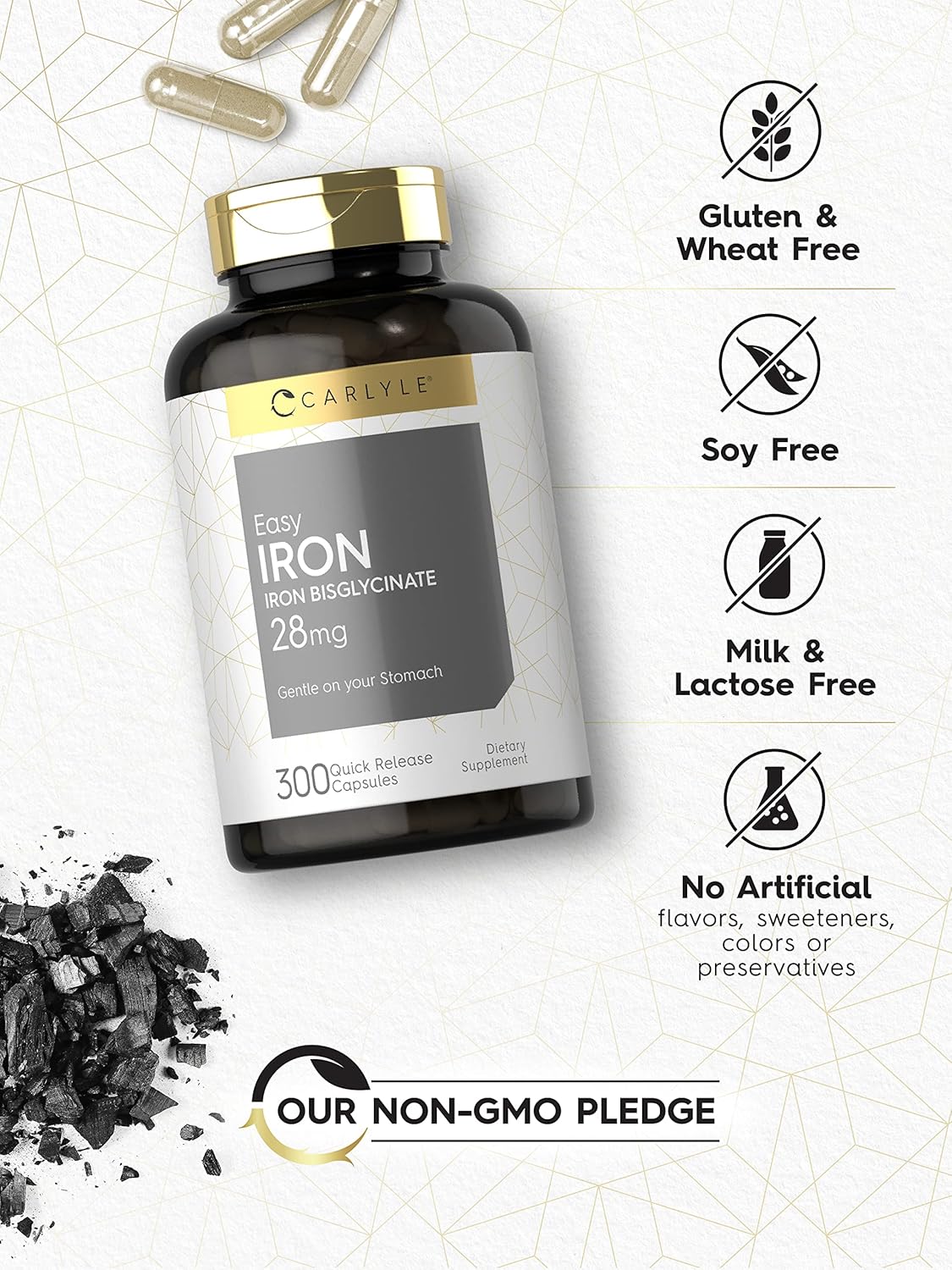 Carlyle Easy Iron Supplement 28mg 300 Capsules Ferrous Bisglycinate Non-GMO Gluten Free Women Men