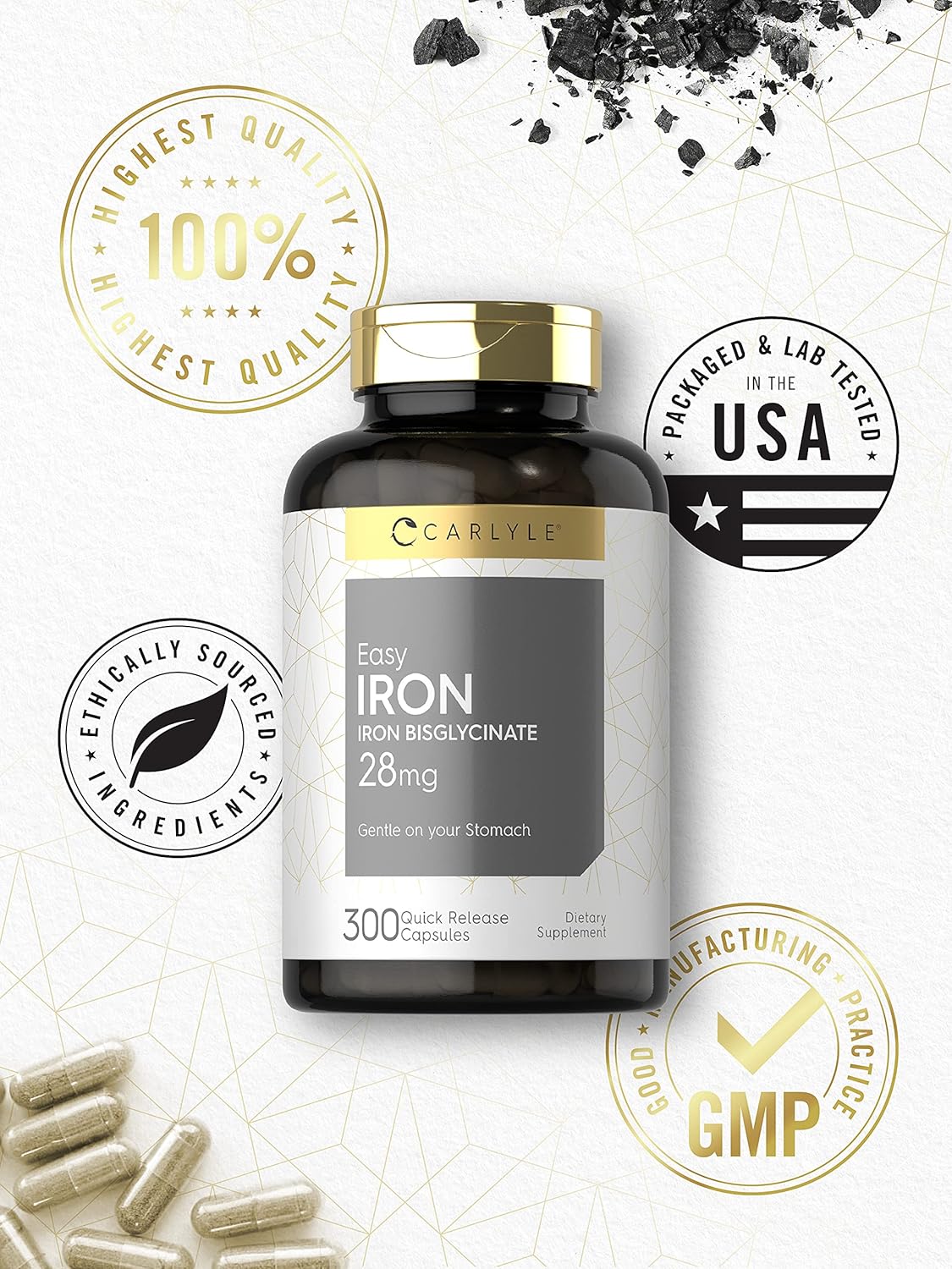 Carlyle Easy Iron Supplement 28mg 300 Capsules Ferrous Bisglycinate Non-GMO Gluten Free Women Men