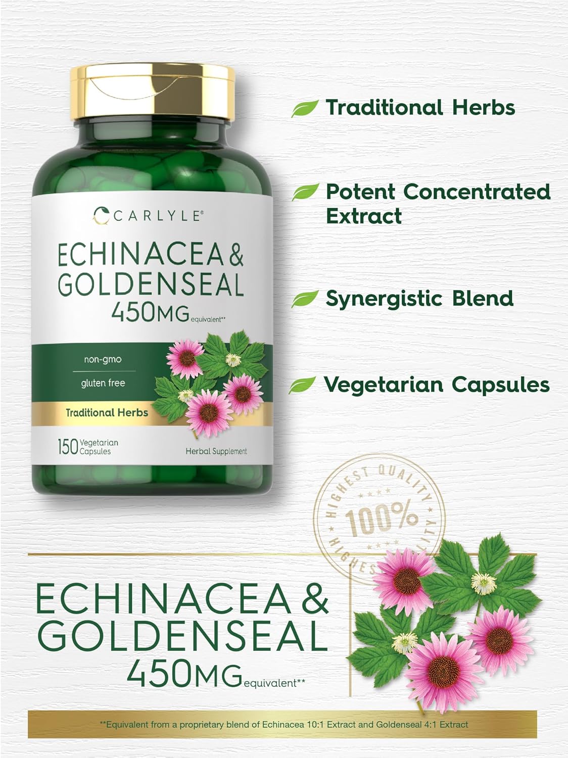 Carlyle Echinacea Goldenseal Capsules - 150 Count - Vegetarian, Non-GMO, Gluten-Free Supplement