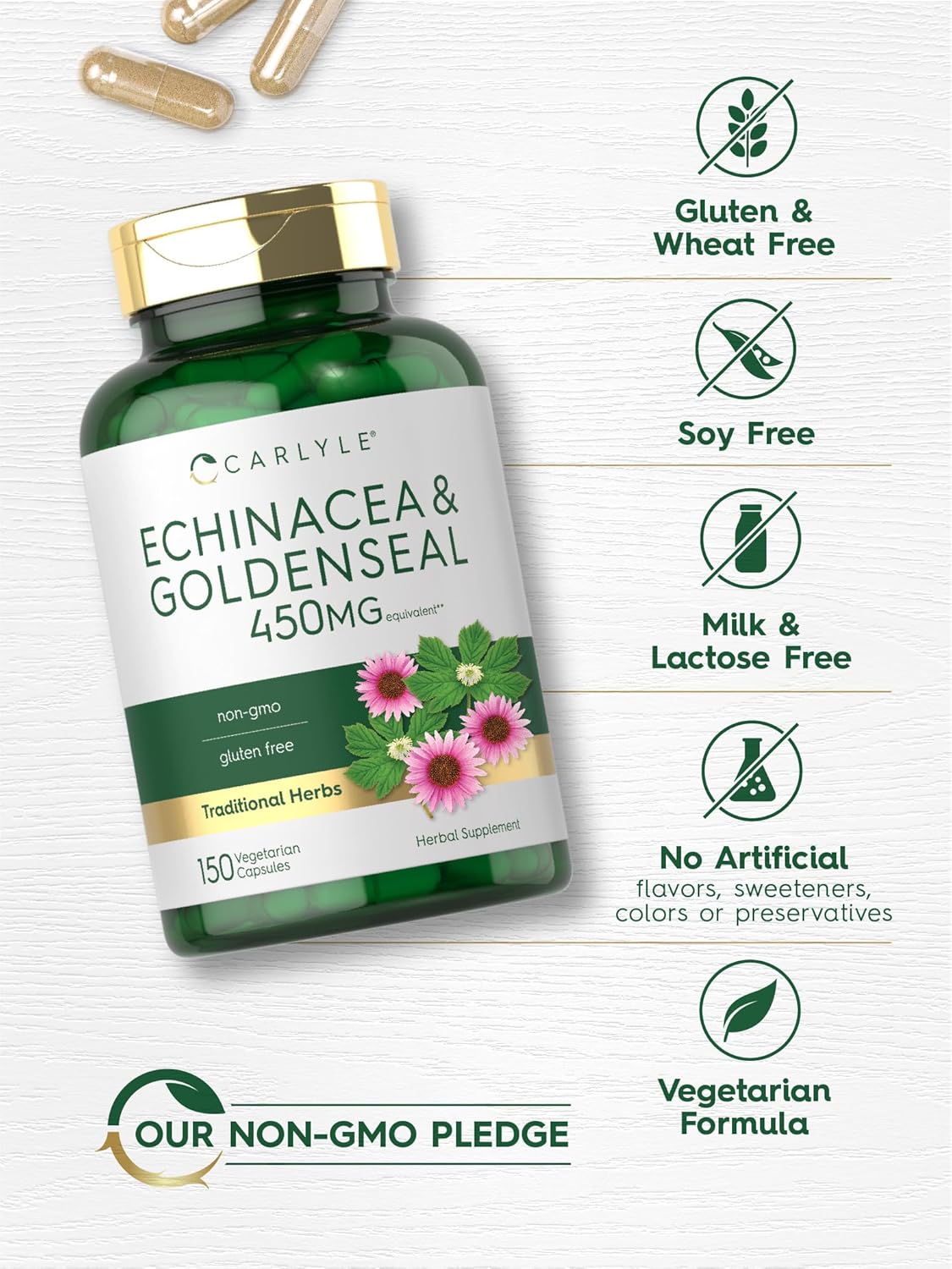 Carlyle Echinacea Goldenseal Capsules - 150 Count - Vegetarian, Non-GMO, Gluten-Free Supplement