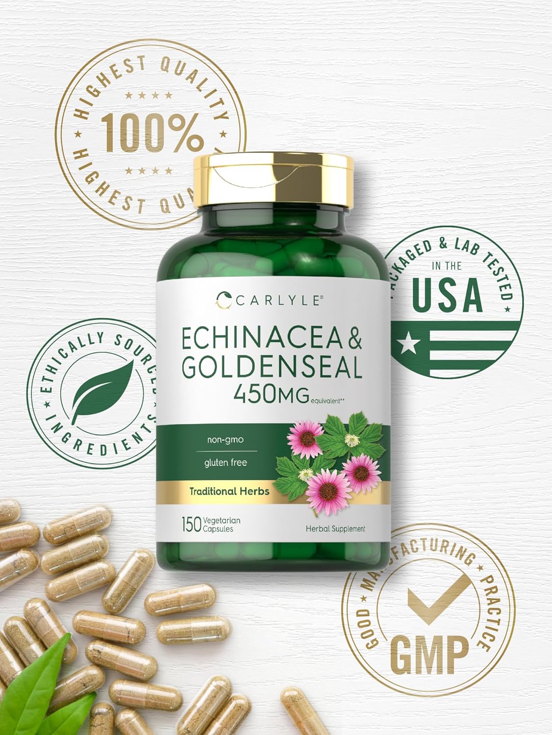 Carlyle Echinacea Goldenseal Capsules - 150 Count - Vegetarian, Non-GMO, Gluten-Free Supplement