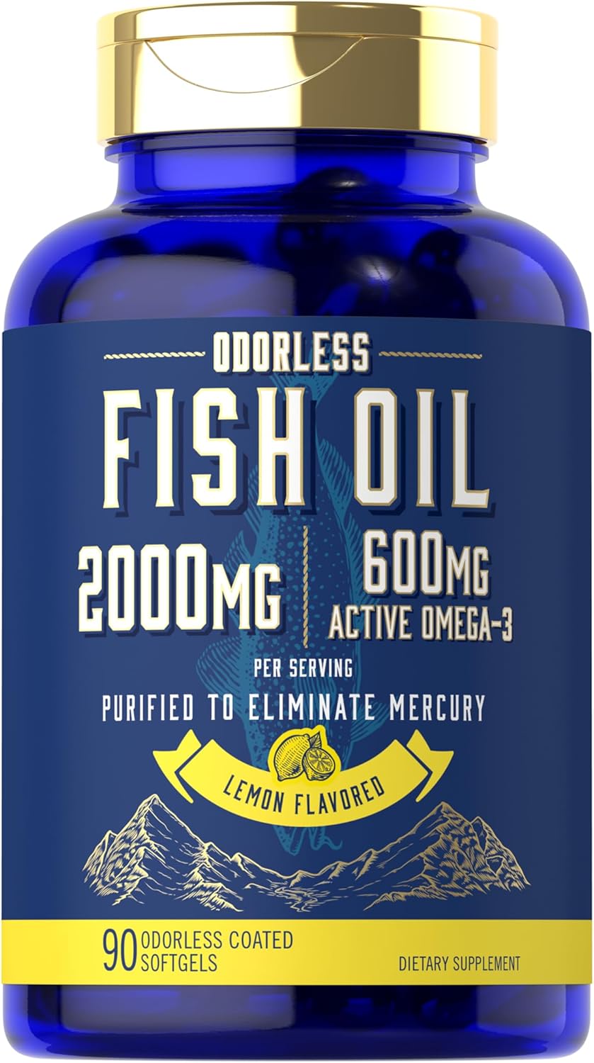 Carlyle Fish Oil 2000mg Softgels with 600mg Omega 3 (EPA & DHA) - 90 Lemon Flavored Pills - Non-GMO & Gluten Free