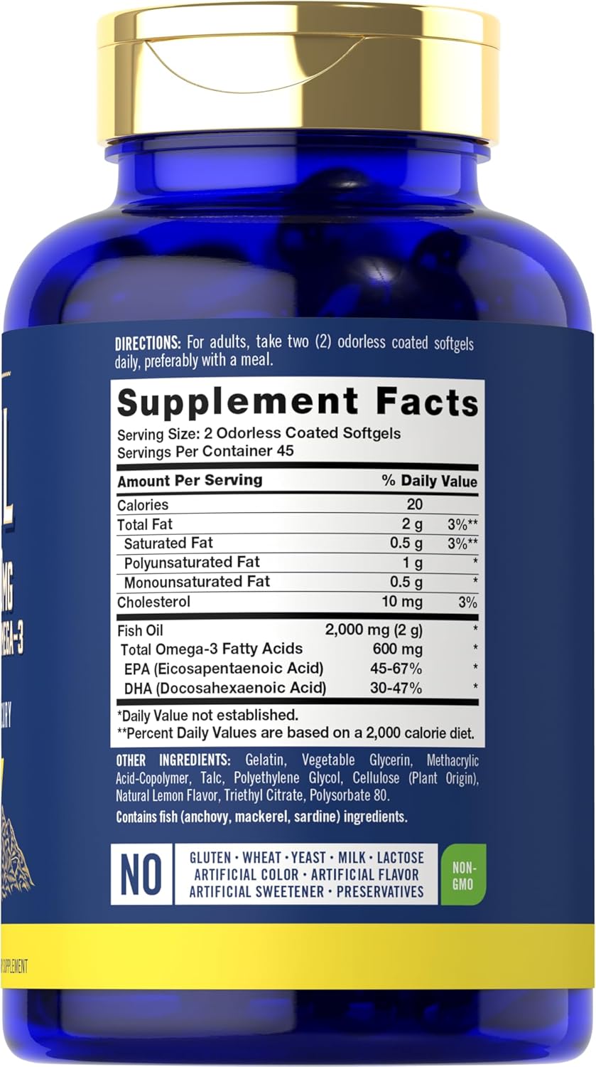 Carlyle Fish Oil 2000mg Softgels with 600mg Omega 3 (EPA & DHA) - 90 Lemon Flavored Pills - Non-GMO & Gluten Free