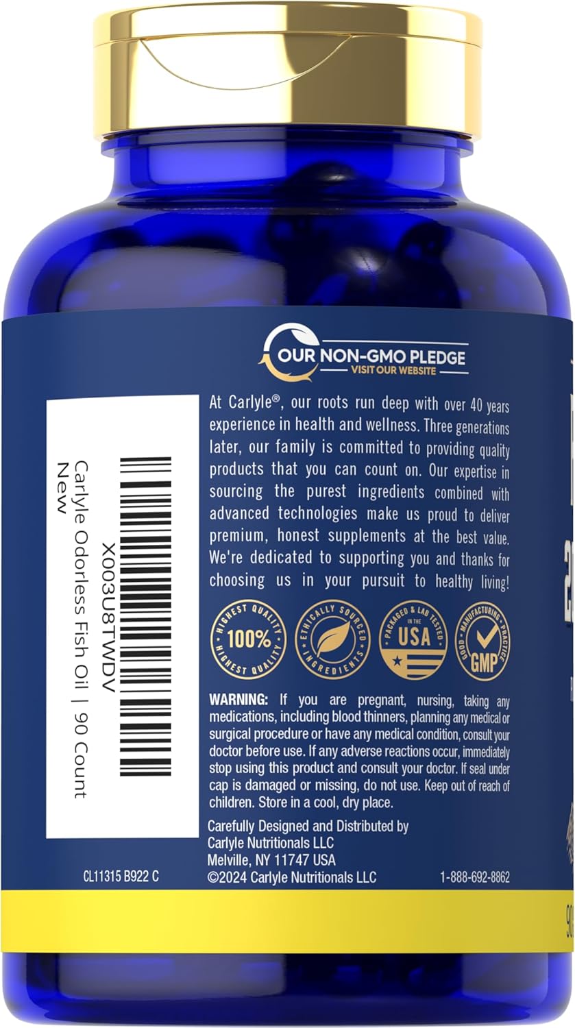 Carlyle Fish Oil 2000mg Softgels with 600mg Omega 3 (EPA & DHA) - 90 Lemon Flavored Pills - Non-GMO & Gluten Free