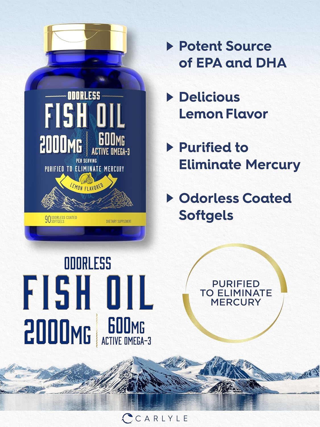 Carlyle Fish Oil 2000mg Softgels with 600mg Omega 3 (EPA & DHA) - 90 Lemon Flavored Pills - Non-GMO & Gluten Free