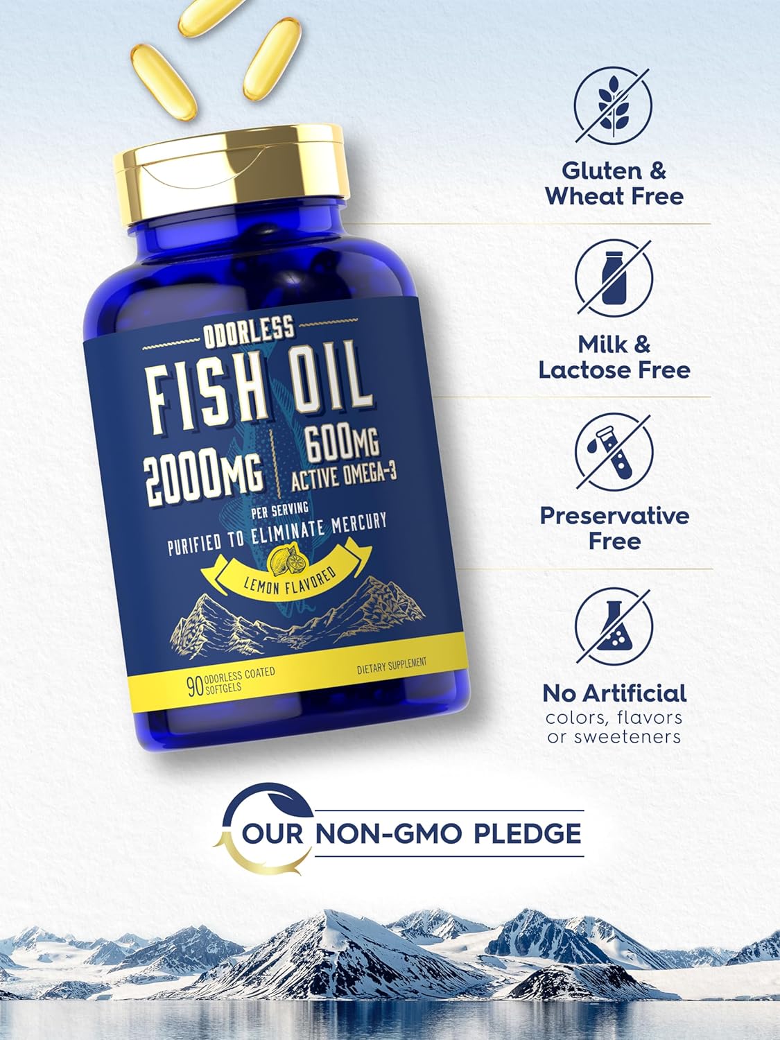 Carlyle Fish Oil 2000mg Softgels with 600mg Omega 3 (EPA & DHA) - 90 Lemon Flavored Pills - Non-GMO & Gluten Free