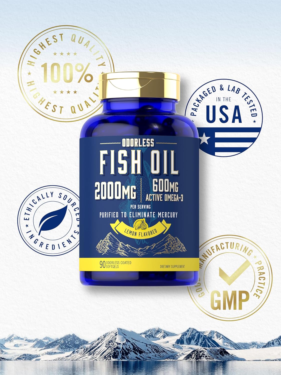 Carlyle Fish Oil 2000mg Softgels with 600mg Omega 3 (EPA & DHA) - 90 Lemon Flavored Pills - Non-GMO & Gluten Free
