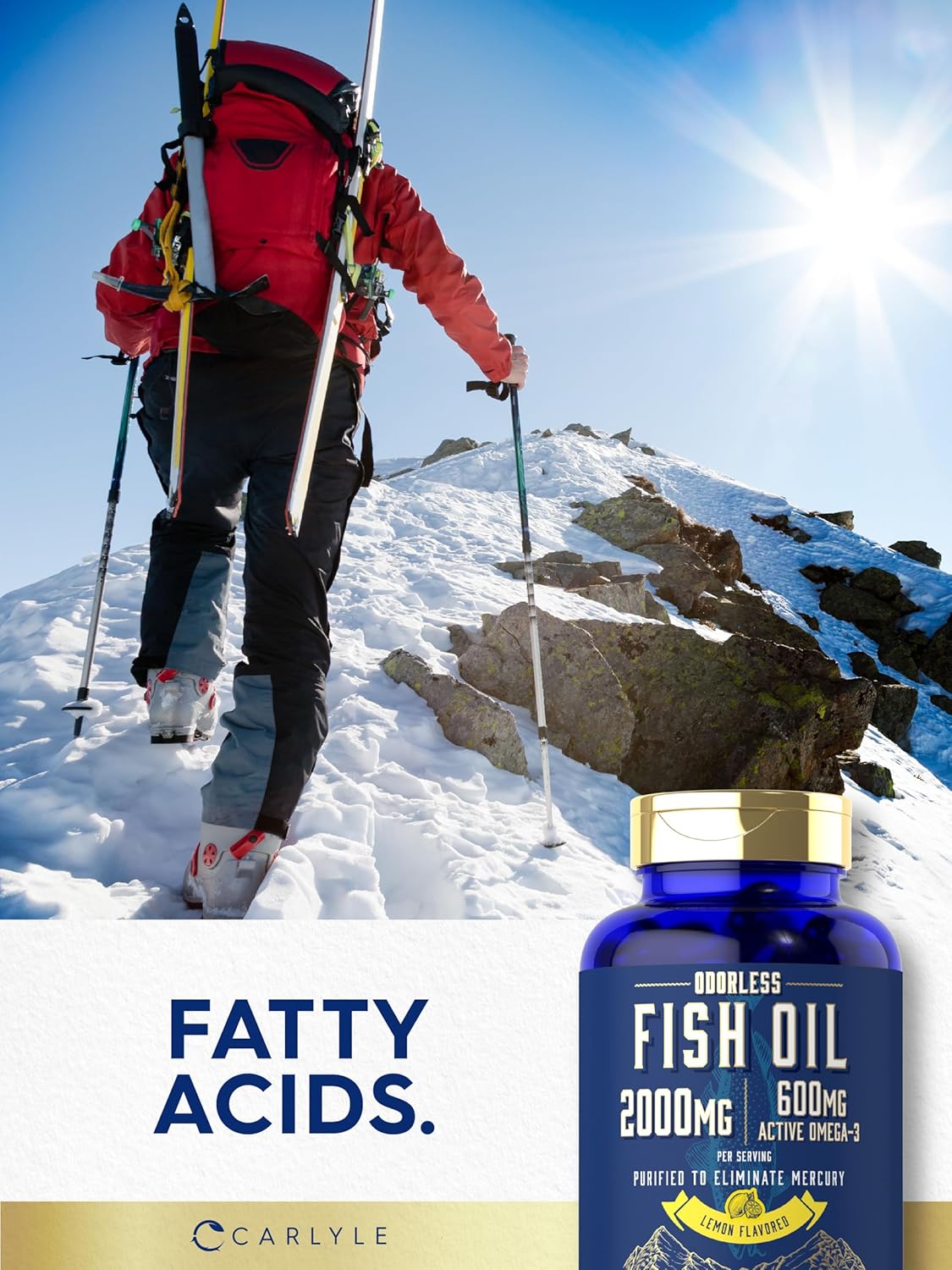 Carlyle Fish Oil 2000mg Softgels with 600mg Omega 3 (EPA & DHA) - 90 Lemon Flavored Pills - Non-GMO & Gluten Free