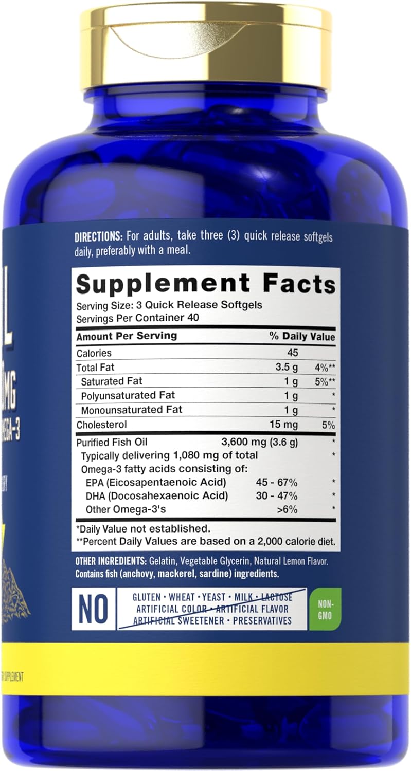 Carlyle Fish Oil Supplement 3600mg | High Strength Omega 3 Capsules | 120 Count Non-GMO & Gluten Free