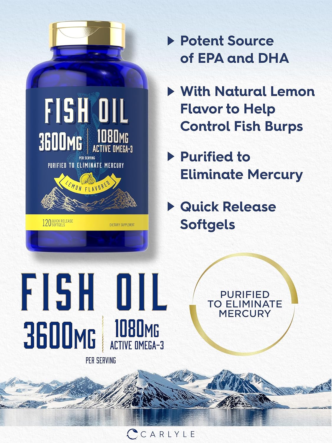 Carlyle Fish Oil Supplement 3600mg | High Strength Omega 3 Capsules | 120 Count Non-GMO & Gluten Free