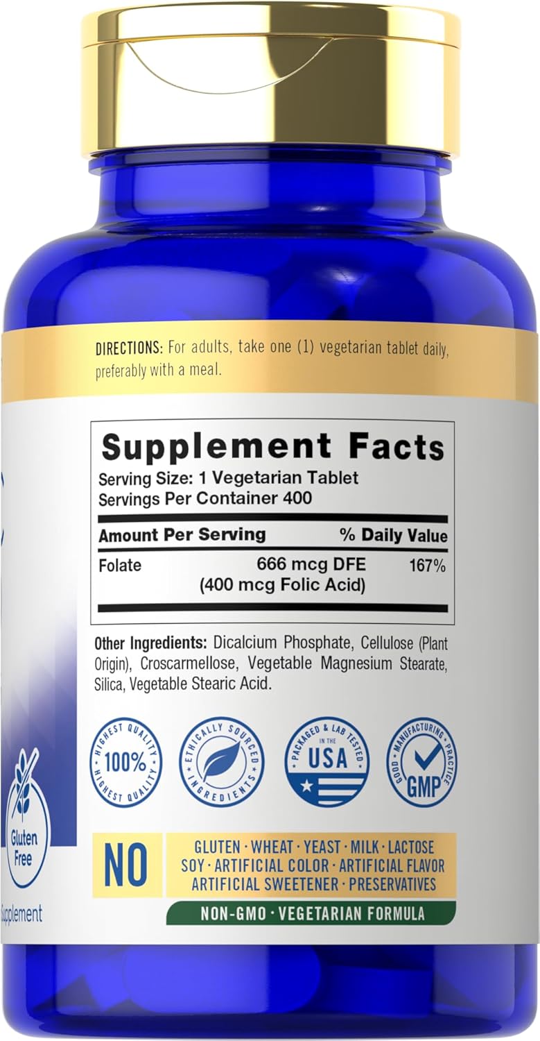 Carlyle Folic Acid 400 mcg Tablets - 400 Count, Vegetarian, Non-GMO, Gluten-Free