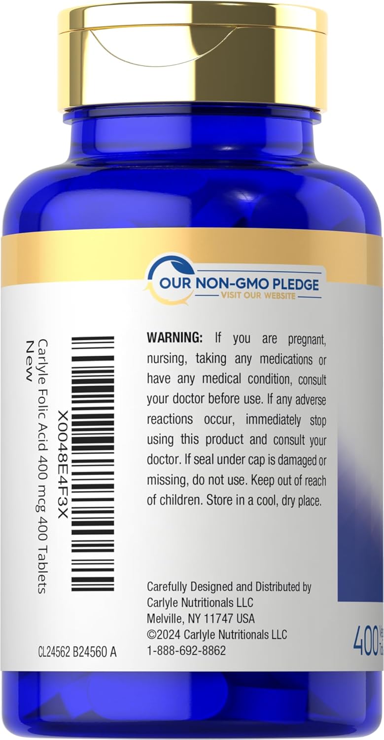 Carlyle Folic Acid 400 mcg Tablets - 400 Count, Vegetarian, Non-GMO, Gluten-Free