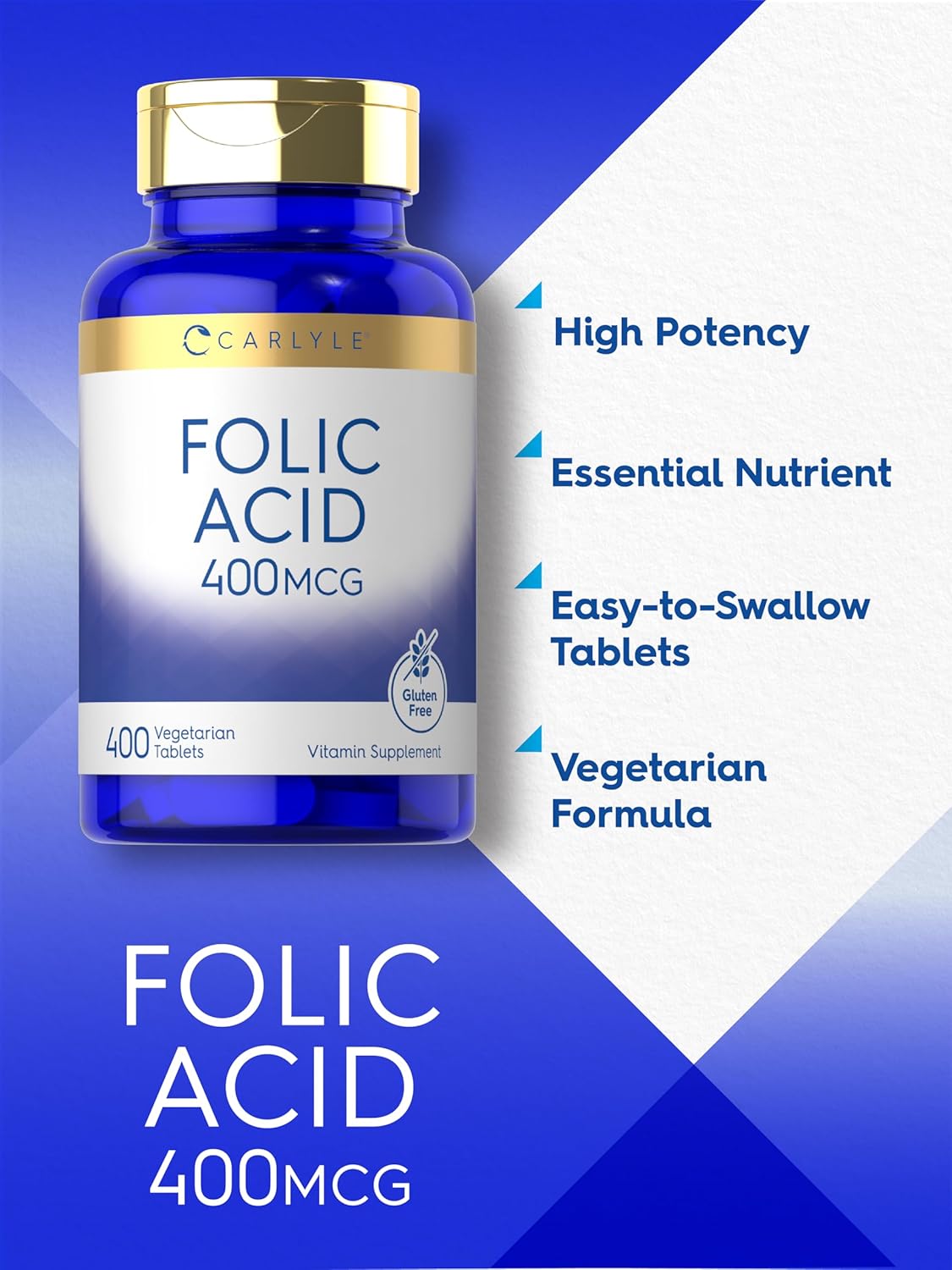 Carlyle Folic Acid 400 mcg Tablets - 400 Count, Vegetarian, Non-GMO, Gluten-Free