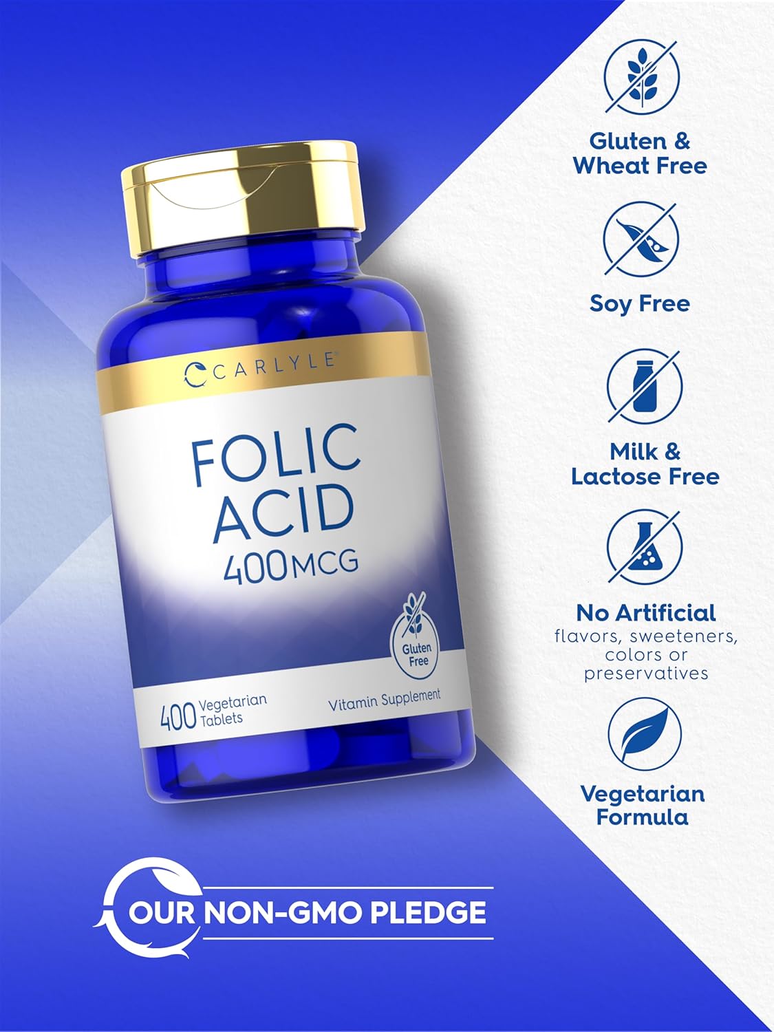 Carlyle Folic Acid 400 mcg Tablets - 400 Count, Vegetarian, Non-GMO, Gluten-Free