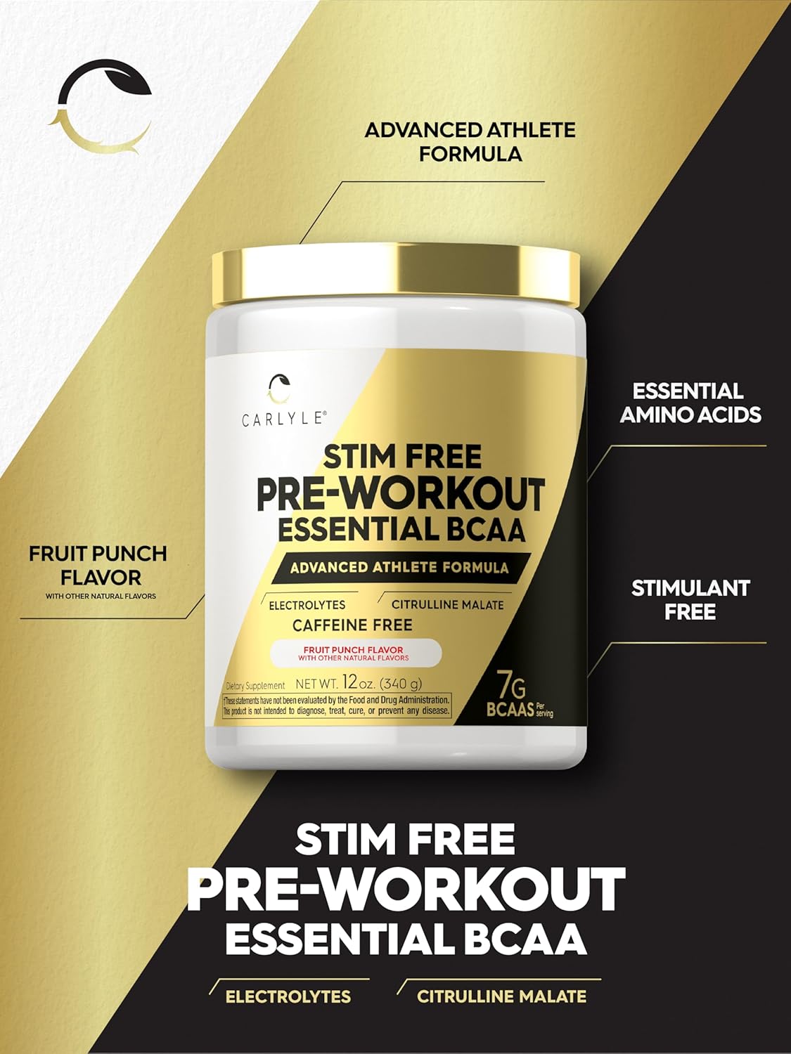 Carlyle Fruit Punch BCAA Amino Acids Pre Workout Powder - Stimulant-Free, Non-GMO, Gluten-Free Supplement