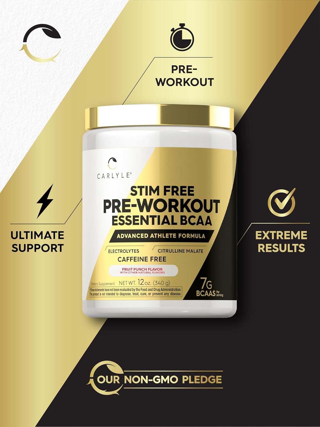 Carlyle Fruit Punch BCAA Amino Acids Pre Workout Powder - Stimulant-Free, Non-GMO, Gluten-Free Supplement