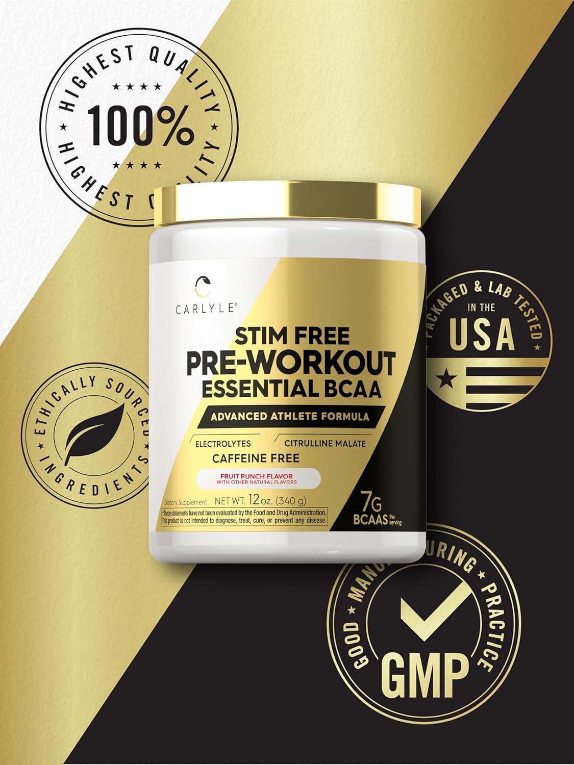 Carlyle Fruit Punch BCAA Amino Acids Pre Workout Powder - Stimulant-Free, Non-GMO, Gluten-Free Supplement