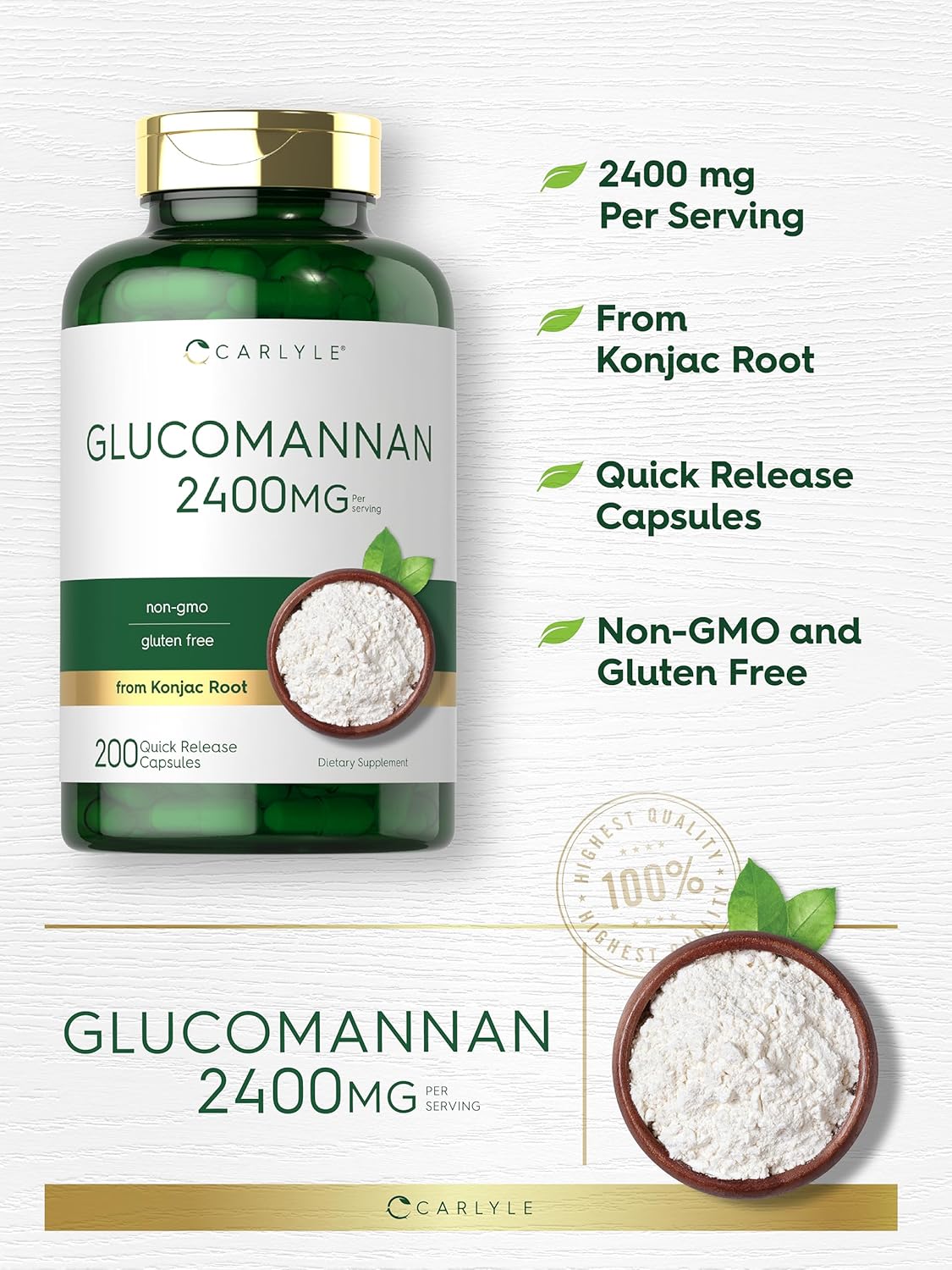 Carlyle Glucomannan Capsules 200 Count - Soluble Fiber Pills Non-GMO Gluten Free Supplement
