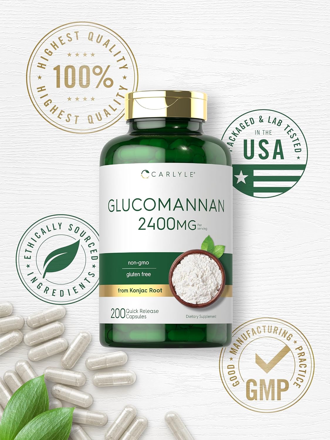 Carlyle Glucomannan Capsules 200 Count - Soluble Fiber Pills Non-GMO Gluten Free Supplement