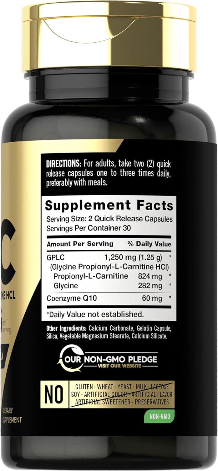 Carlyle GPLC Glycine Propionyl-L-Carnitine HCL Supplement 1250mg 60 Capsules Advanced Athlete Formula Non-GMO Gluten Free