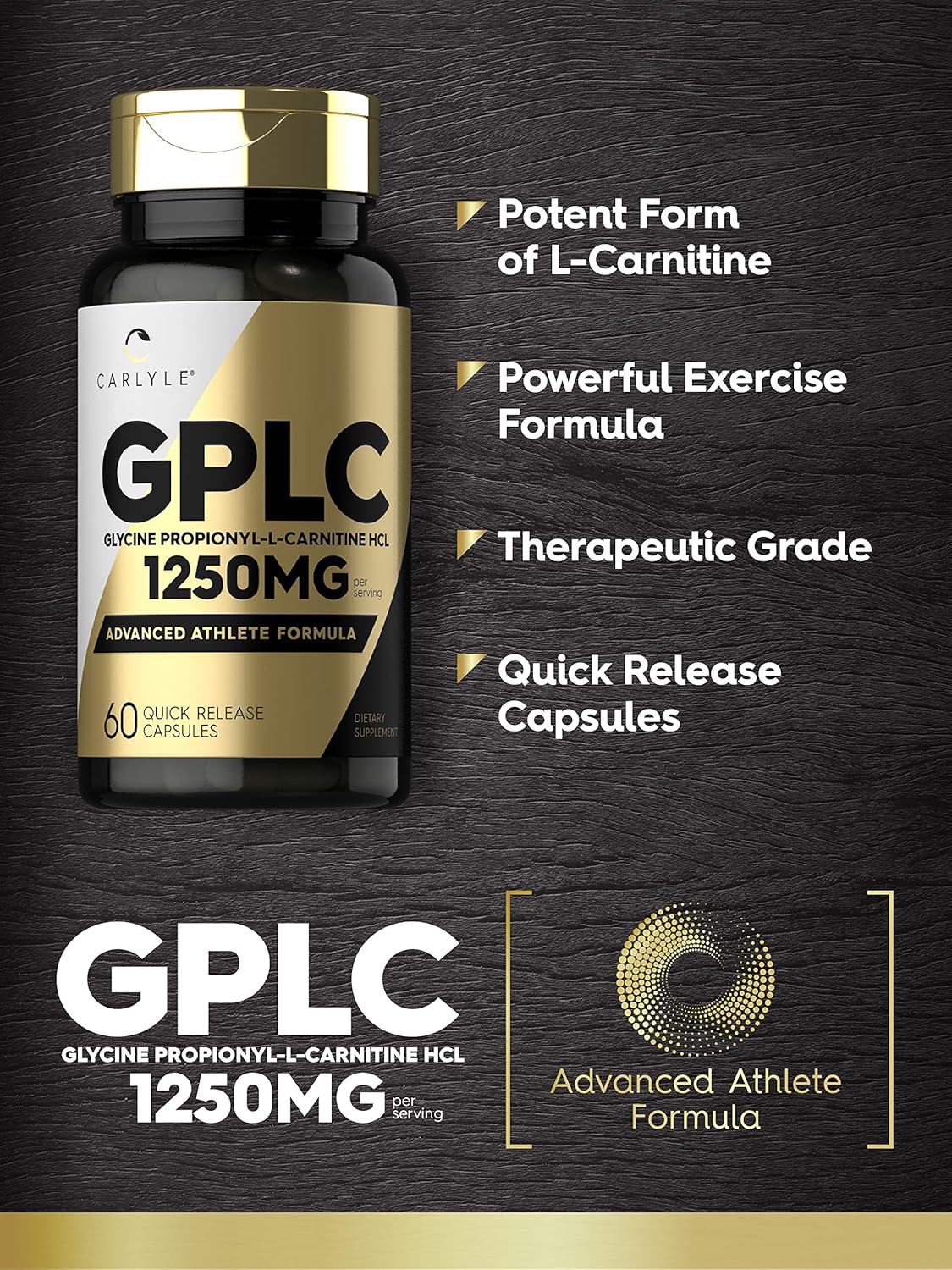 Carlyle GPLC Glycine Propionyl-L-Carnitine HCL Supplement 1250mg 60 Capsules Advanced Athlete Formula Non-GMO Gluten Free