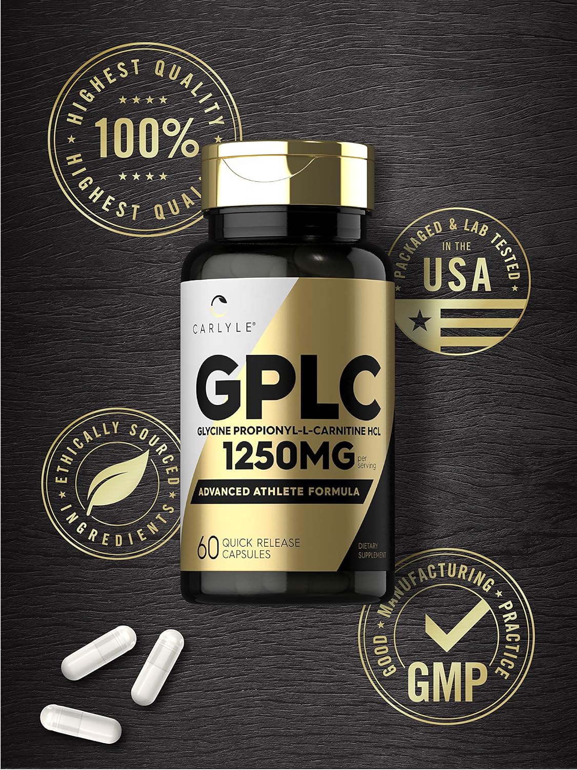 Carlyle GPLC Glycine Propionyl-L-Carnitine HCL Supplement 1250mg 60 Capsules Advanced Athlete Formula Non-GMO Gluten Free
