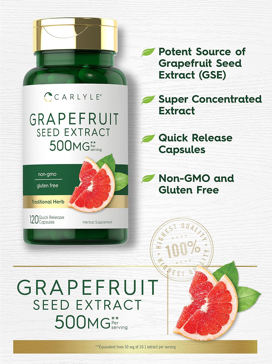 Carlyle Grapefruit Seed Extract Capsules 500mg - 120 Count - Maximum Strength - Non-GMO, Gluten Free Formula
