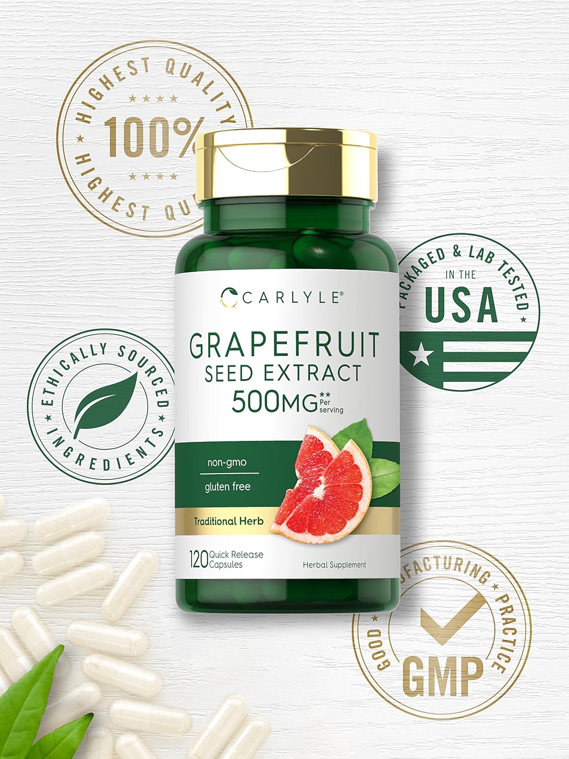 Carlyle Grapefruit Seed Extract Capsules 500mg - 120 Count - Maximum Strength - Non-GMO, Gluten Free Formula