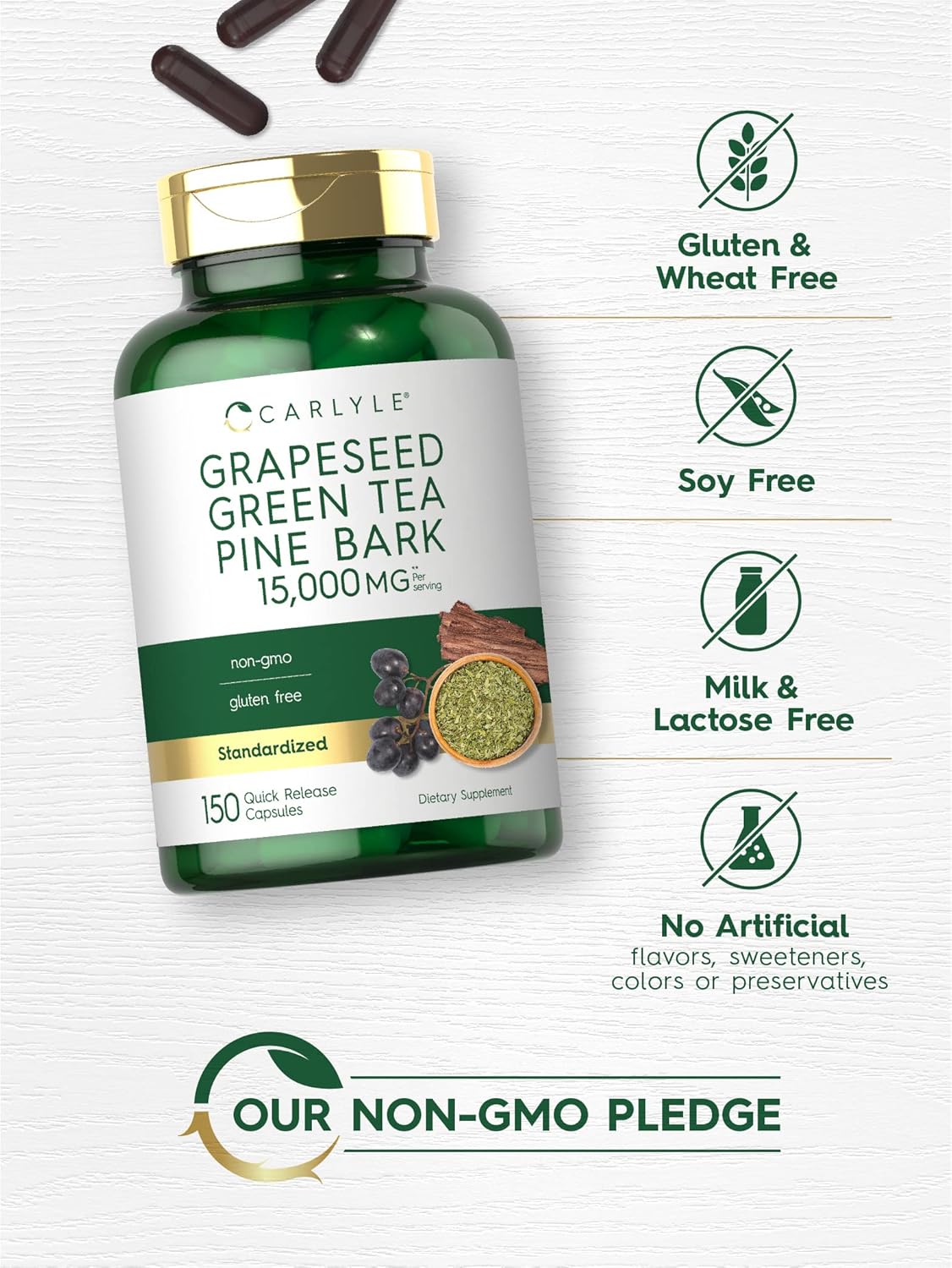 Carlyle Grapeseed, Green Tea, Pine Bark Supplement | 15,000mg | 150 Capsules | Non-GMO & Gluten-Free
