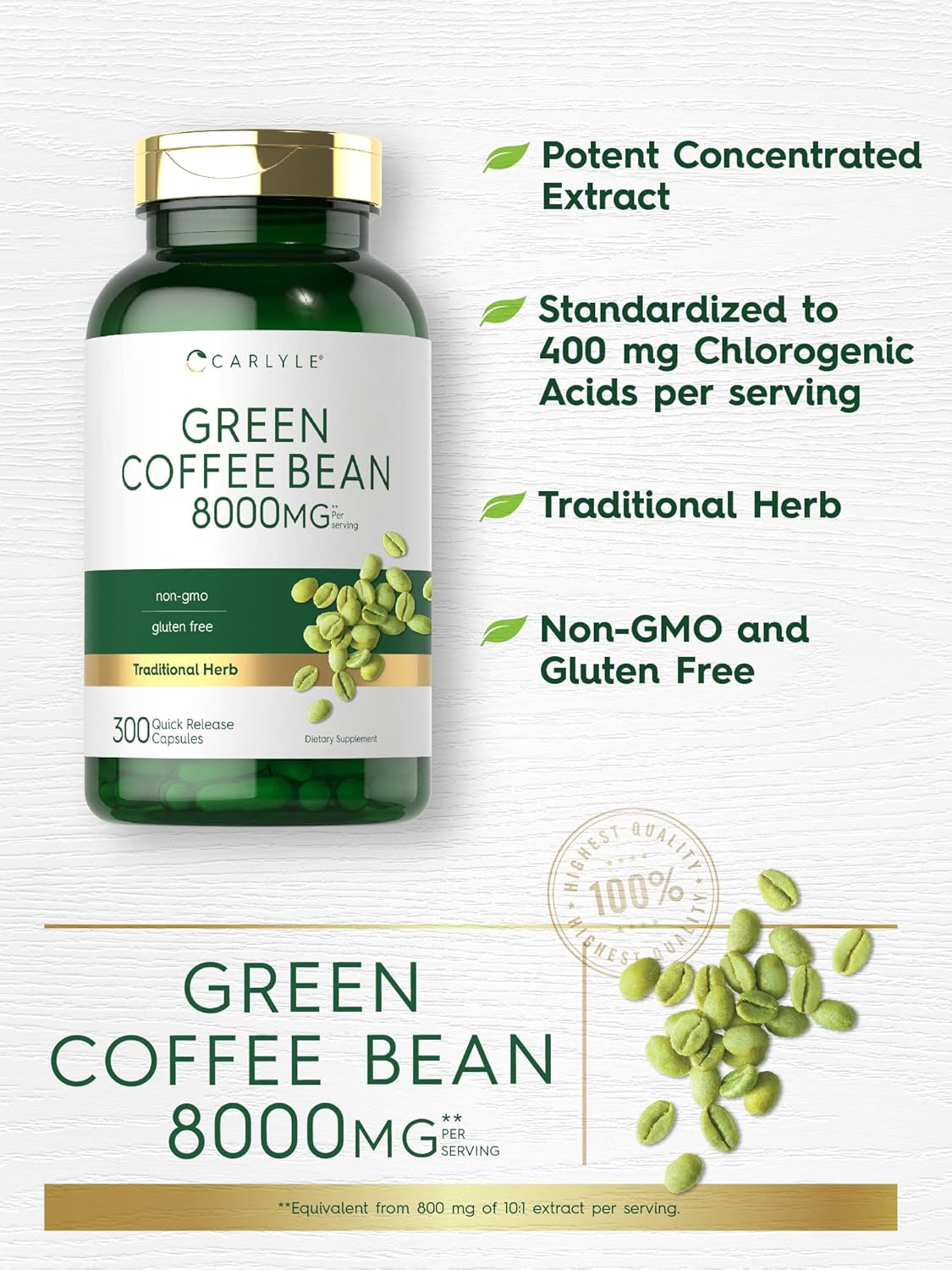 Carlyle Green Coffee Bean Extract Capsules 8000 mg - 300 Count | Non-GMO & Gluten Free Herb Supplement