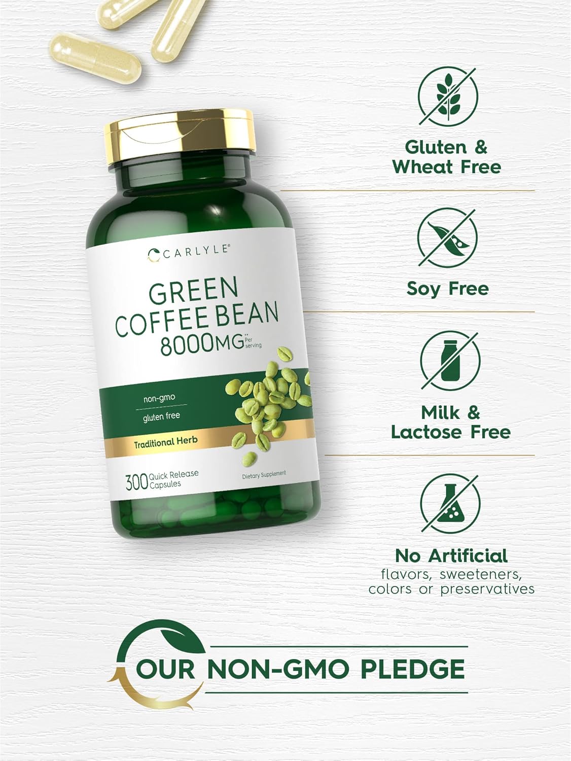 Carlyle Green Coffee Bean Extract Capsules 8000 mg - 300 Count | Non-GMO & Gluten Free Herb Supplement