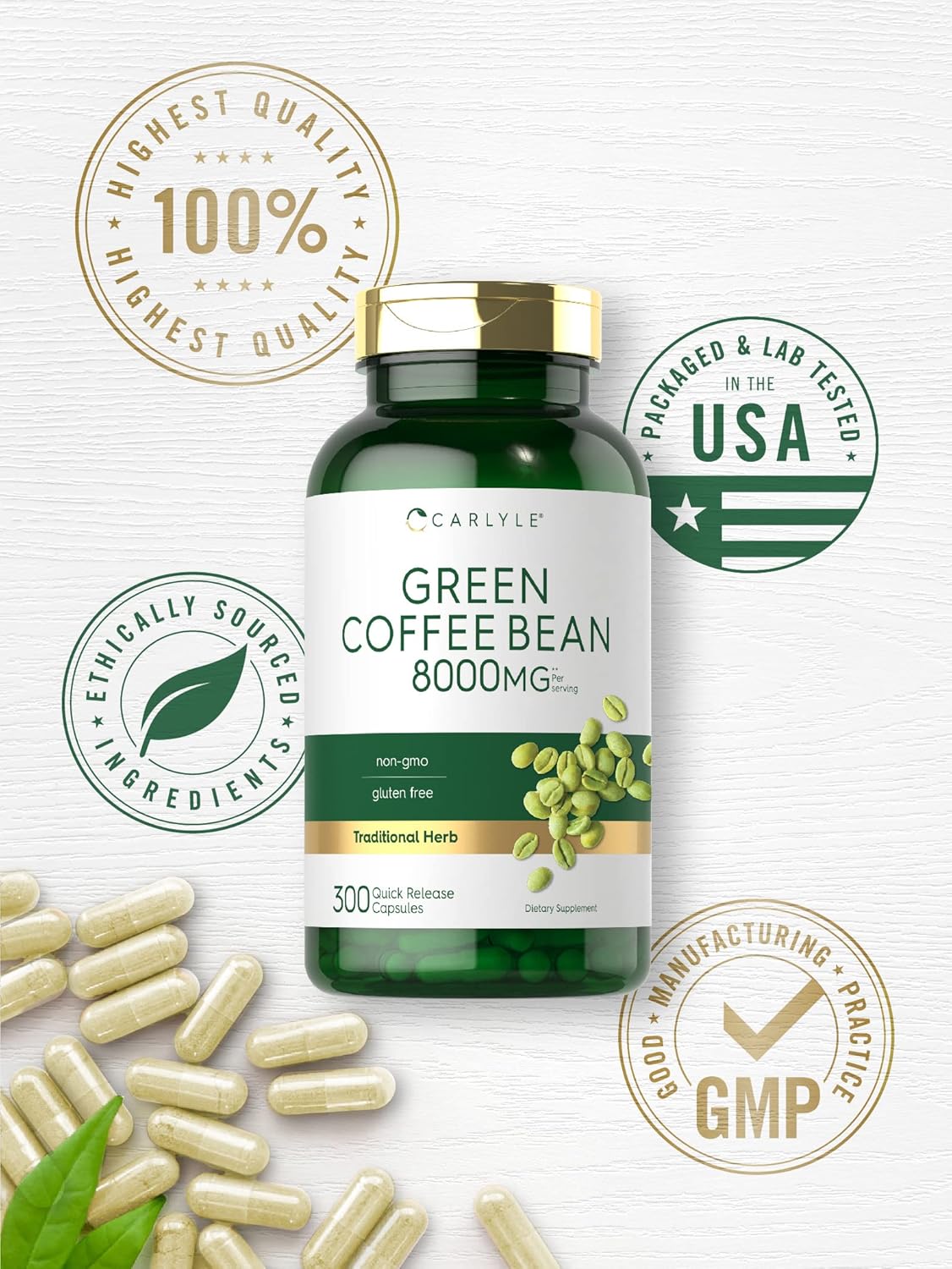 Carlyle Green Coffee Bean Extract Capsules 8000 mg - 300 Count | Non-GMO & Gluten Free Herb Supplement