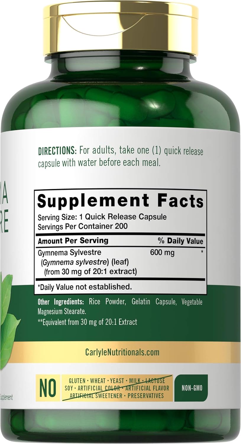 Carlyle Gymnema Sylvestre Capsules - 600mg - 200 Count - Non-GMO and Gluten Free Formula