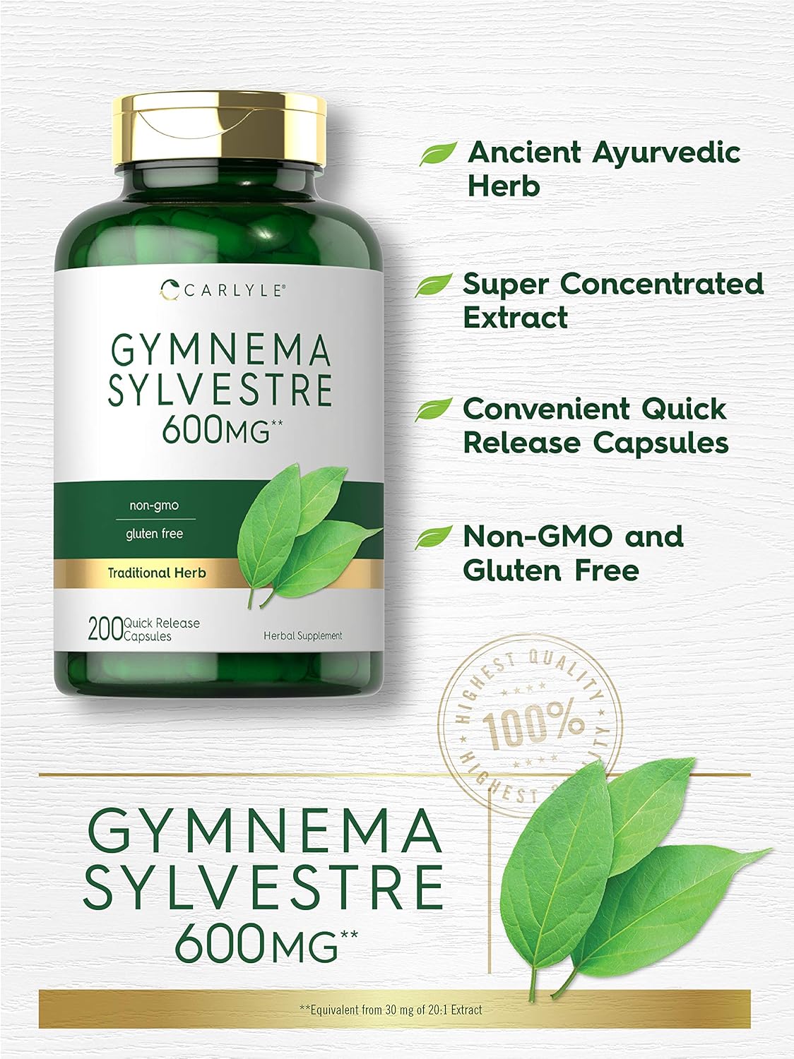 Carlyle Gymnema Sylvestre Capsules - 600mg - 200 Count - Non-GMO and Gluten Free Formula