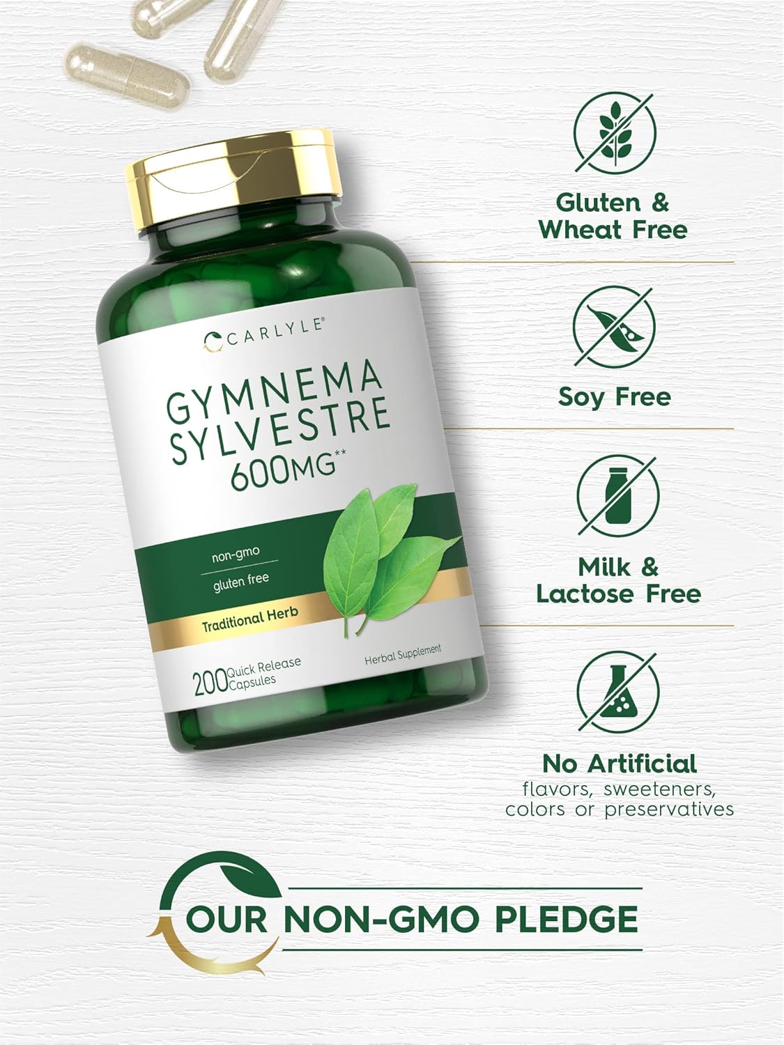 Carlyle Gymnema Sylvestre Capsules - 600mg - 200 Count - Non-GMO and Gluten Free Formula