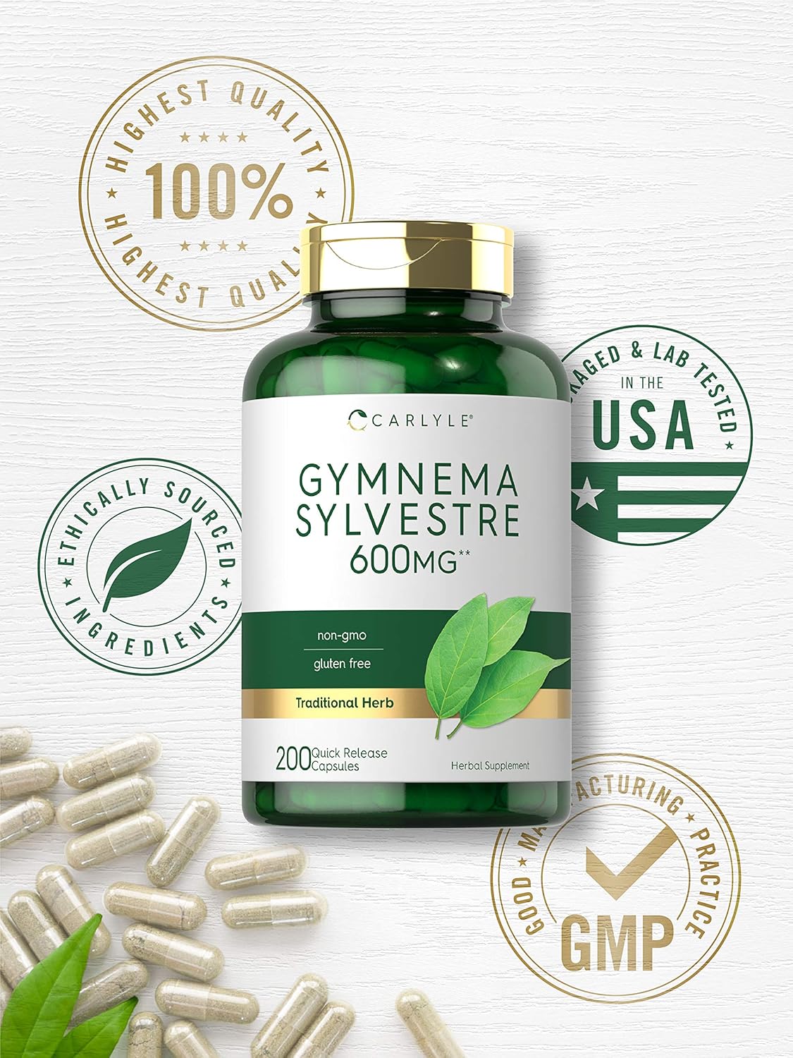 Carlyle Gymnema Sylvestre Capsules - 600mg - 200 Count - Non-GMO and Gluten Free Formula