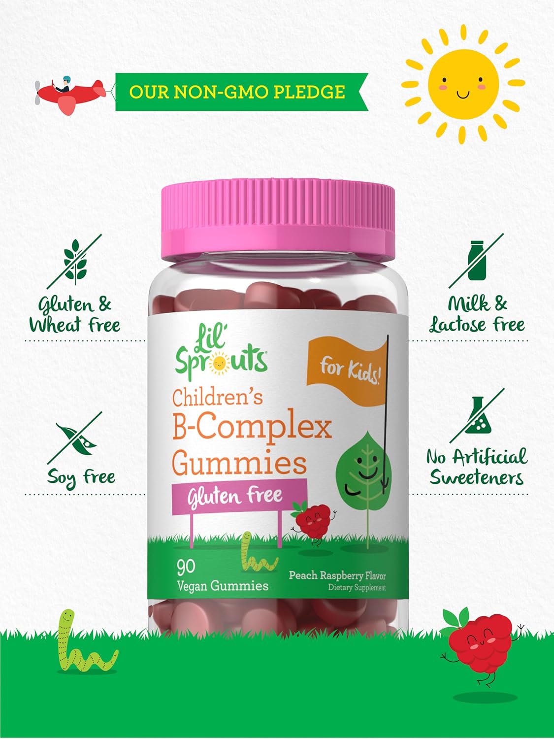 Carlyle Kids Peach Raspberry B Complex Gummies - 90 Count, Non-GMO, Gluten Free & Vegan - Lil' Sprouts Sugar-Free Supplement