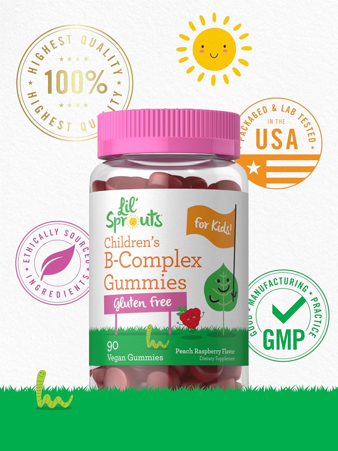 Carlyle Kids Peach Raspberry B Complex Gummies - 90 Count, Non-GMO, Gluten Free & Vegan - Lil' Sprouts Sugar-Free Supplement