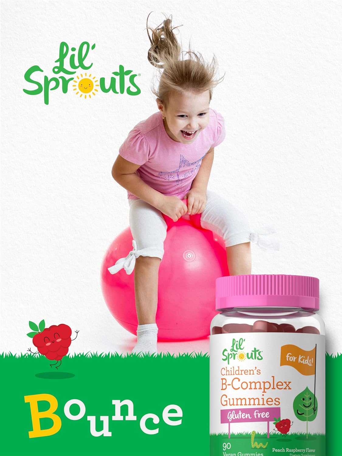 Carlyle Kids Peach Raspberry B Complex Gummies - 90 Count, Non-GMO, Gluten Free & Vegan - Lil' Sprouts Sugar-Free Supplement