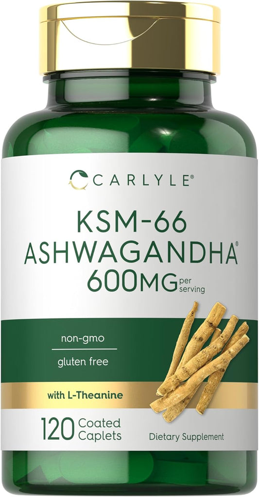 Carlyle KSM-66 Ashwagandha 600mg Supplement with L-Theanine - 120 Caplets, Vegan, Non-GMO, Gluten Free
