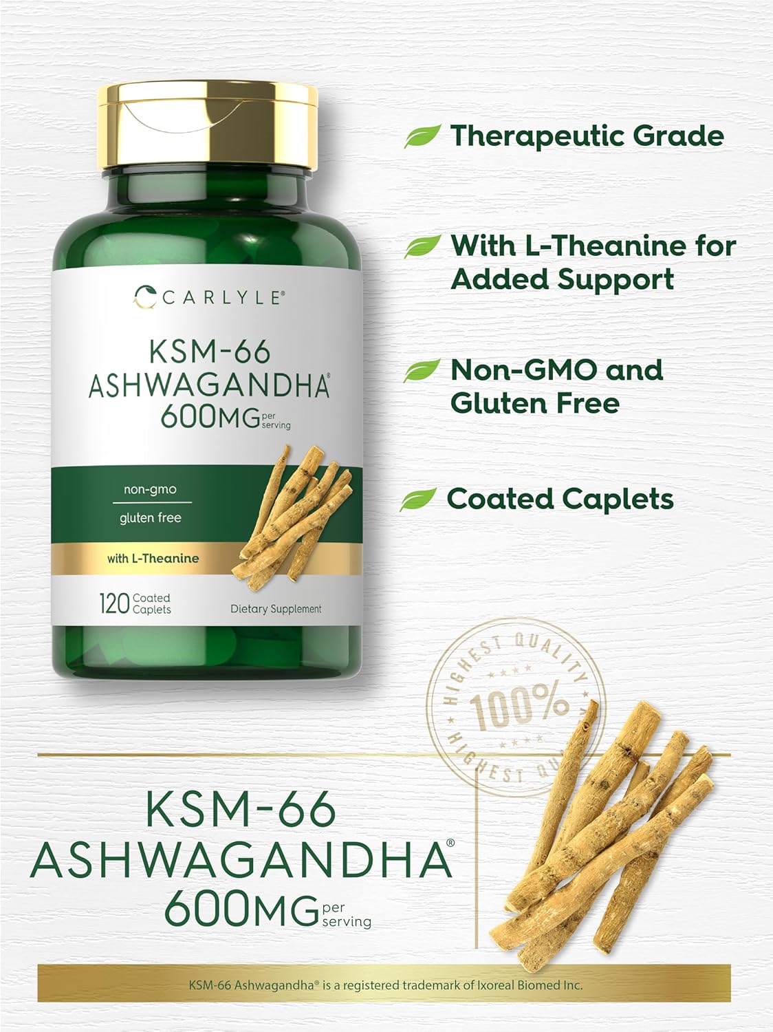 Carlyle KSM-66 Ashwagandha 600mg Supplement with L-Theanine - 120 Caplets, Vegan, Non-GMO, Gluten Free