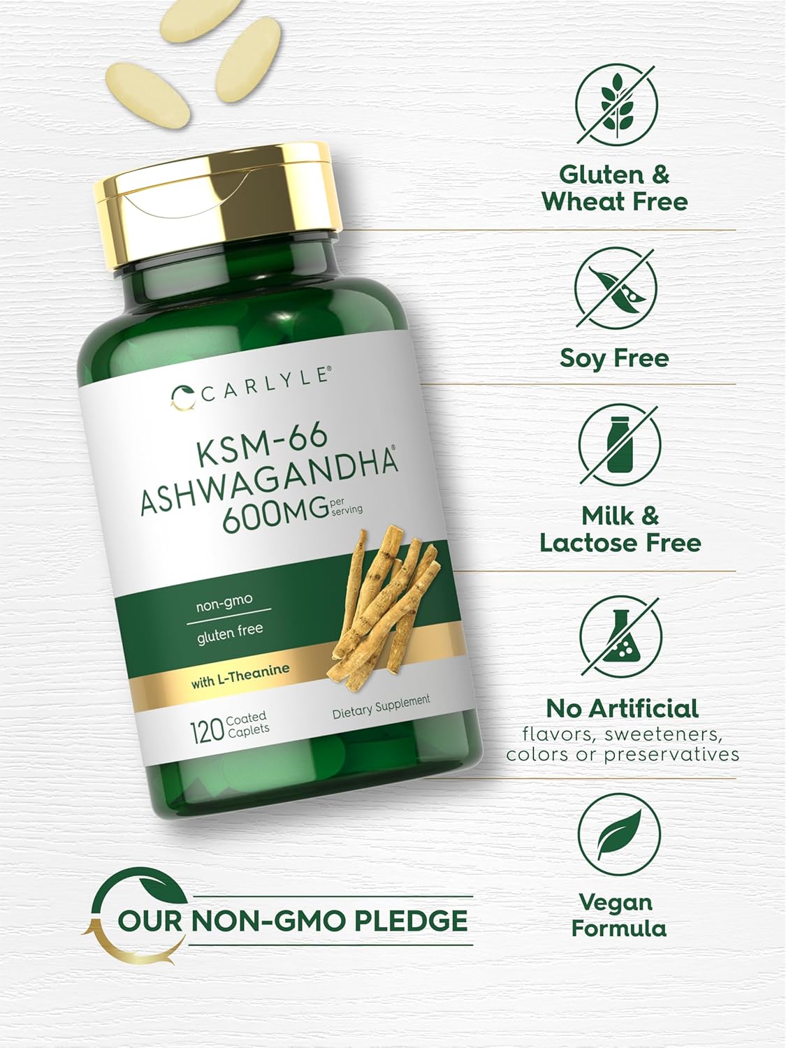 Carlyle KSM-66 Ashwagandha 600mg Supplement with L-Theanine - 120 Caplets, Vegan, Non-GMO, Gluten Free