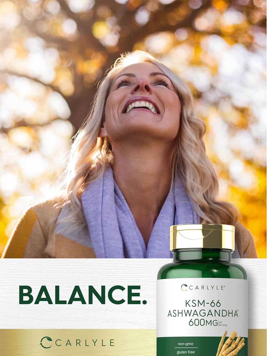 Carlyle KSM-66 Ashwagandha 600mg Supplement with L-Theanine - 120 Caplets, Vegan, Non-GMO, Gluten Free