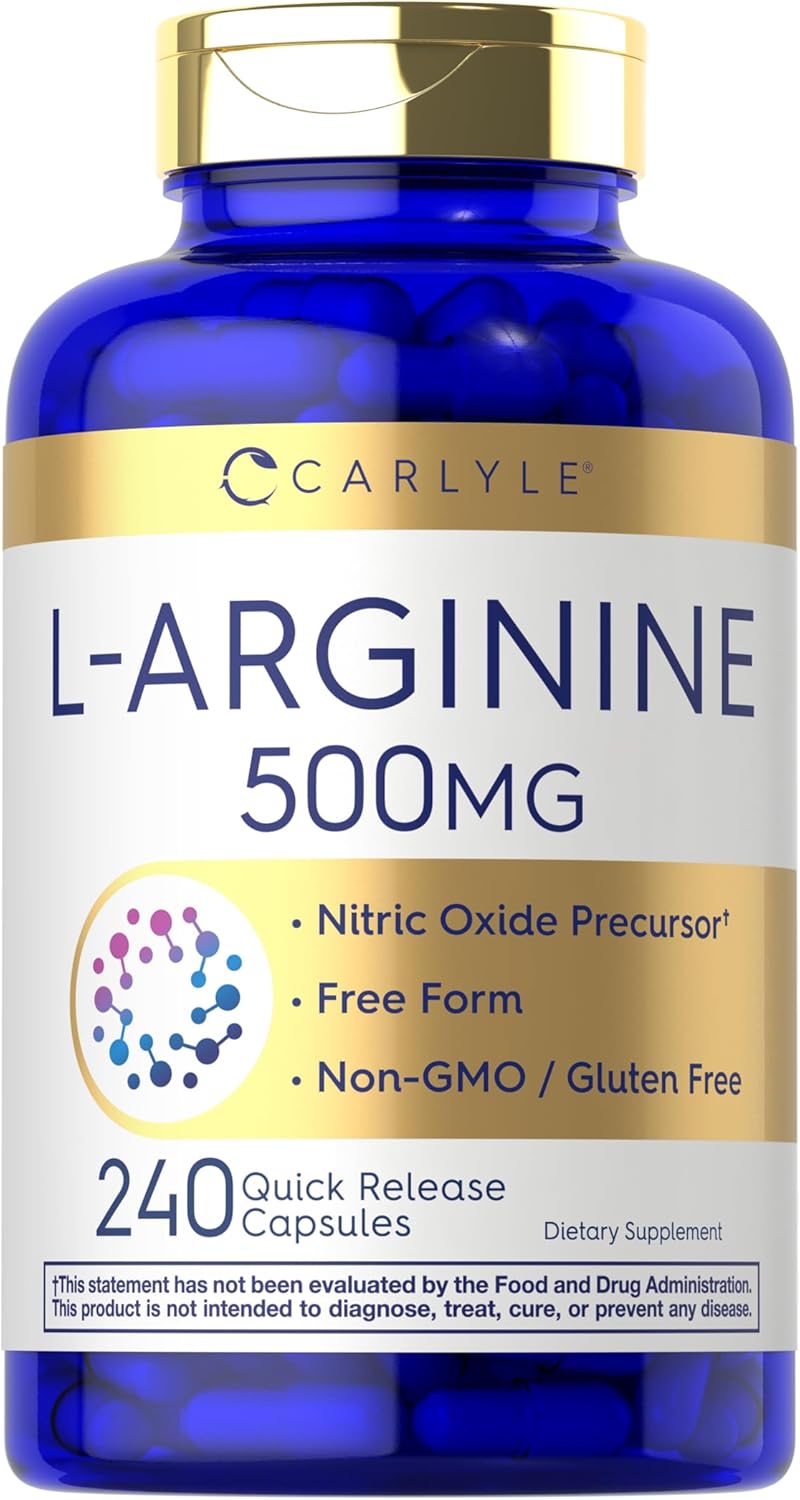Carlyle L-Arginine Capsules 500mg | 240 Count | Non-GMO & Gluten Free | Free Form Supplement