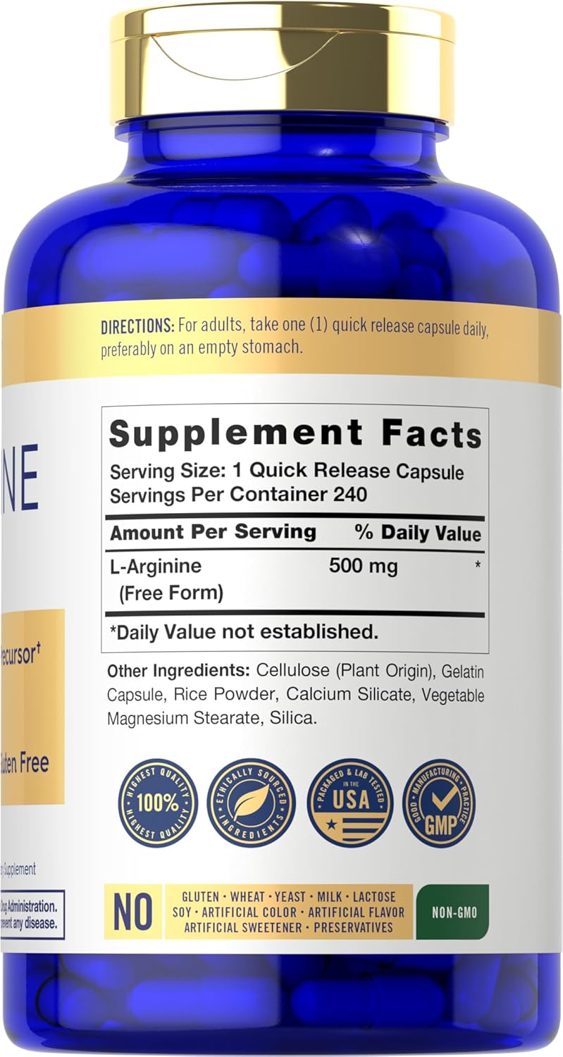 Carlyle L-Arginine Capsules 500mg | 240 Count | Non-GMO & Gluten Free | Free Form Supplement