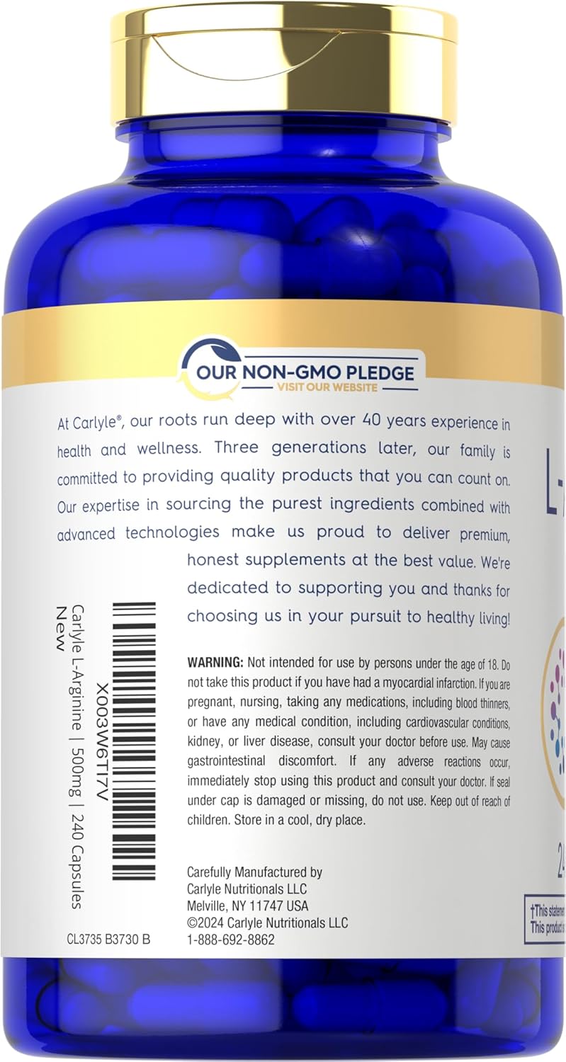 Carlyle L-Arginine Capsules 500mg | 240 Count | Non-GMO & Gluten Free | Free Form Supplement