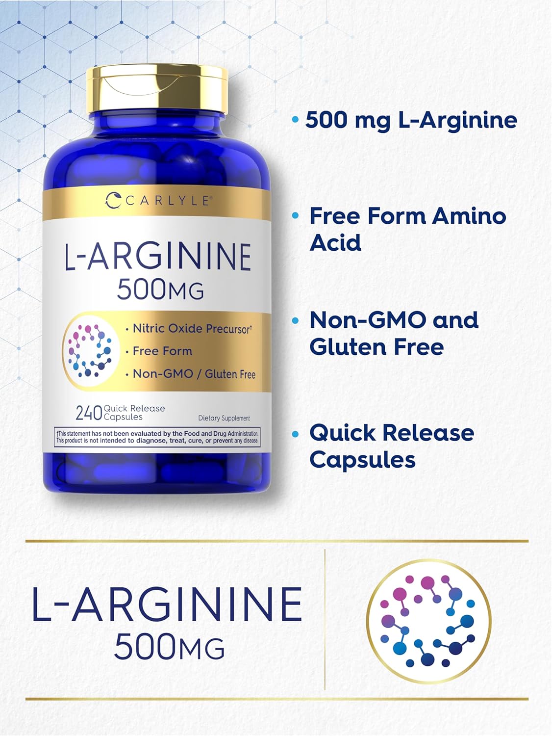 Carlyle L-Arginine Capsules 500mg | 240 Count | Non-GMO & Gluten Free | Free Form Supplement